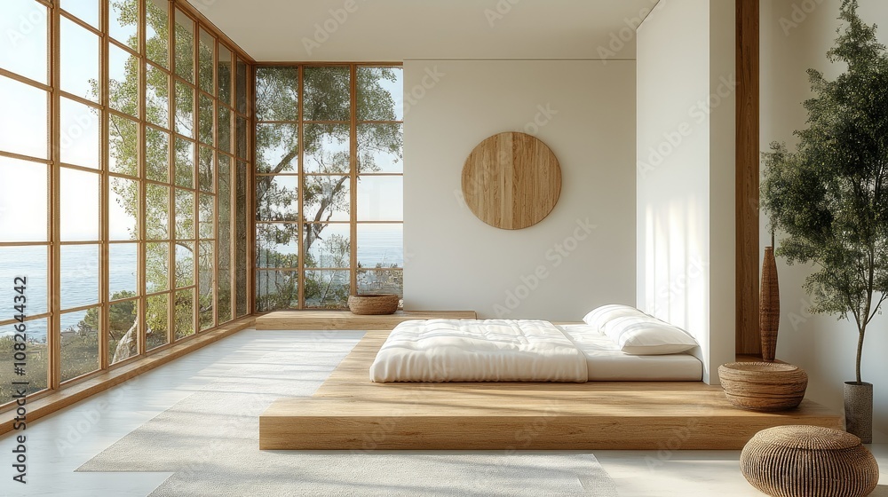 Minimalist bedroom with wooden platform bed, large windows overlooking the ocean, and a zen-inspired decor. Minimalist bedroom with wooden platform bed, large windows overlooking the ocean, and a zen-inspired decor.