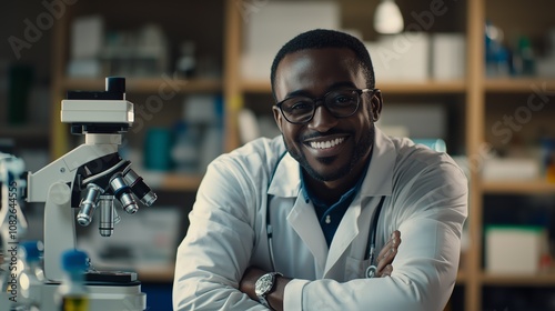 man scientist in white coat in laboratory portrait microscopes beakers