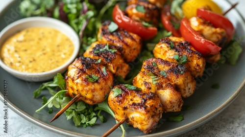 Grilled chicken skewers with red peppers, salad, and a side of dipping sauce on a grey plate.