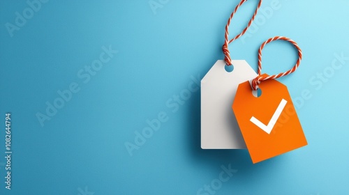 Finance drives investment growth. Discount Tags with Checkmark on Blue Background photo