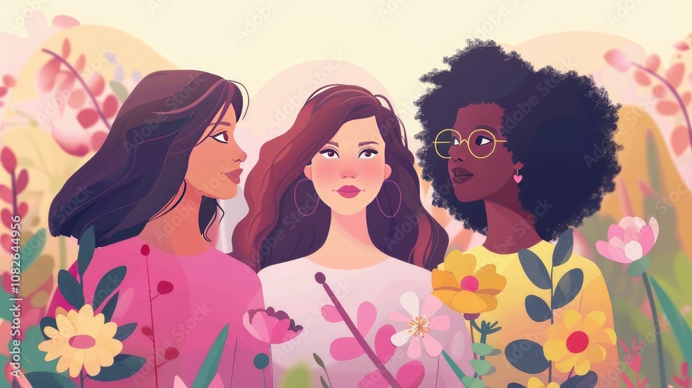 Three women are standing together in a flower field Three women are standing together in a flower field