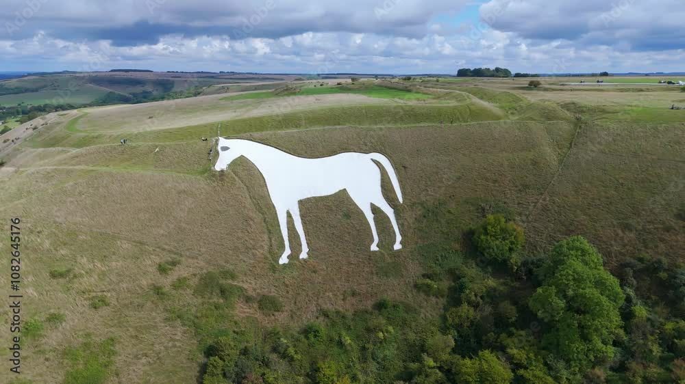 Westbury, Wiltshire, UK, September 08, 2024; Aerial mid distance orbit clip of the chalk landmark Westbury White Horse, near Westbury, Wiltshire, England, UK Westbury, Wiltshire, UK, September 08, 2024; Aerial mid distance orbit clip of the chalk landmark Westbury White Horse, near Westbury, Wiltshire, England, UK