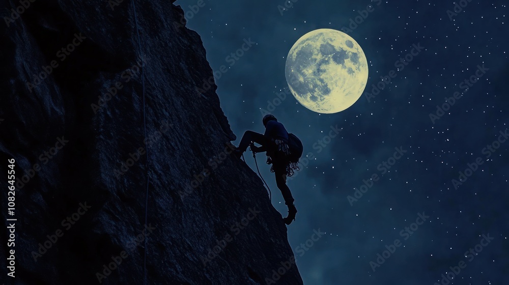 A lone climber ascends a steep cliff face under a bright full moon and a star-filled night sky. A lone climber ascends a steep cliff face under a bright full moon and a star-filled night sky.