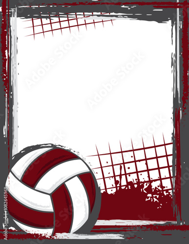 Graphic illustrated volleyball flyer frame. Maroon, grey, and white. Frame to print, make flyer, use as image, and more. Great for events, sports teams, schools, or recreational use.