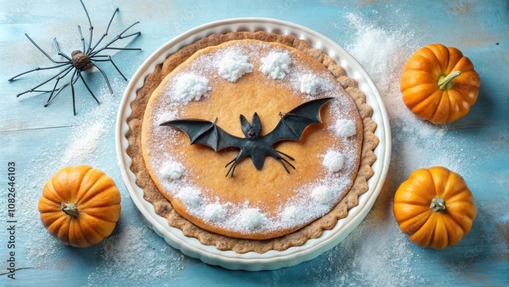 A pumpkin pie decorated with a bat and powdered sugar for a festive Halloween dessert A pumpkin pie decorated with a bat and powdered sugar for a festive Halloween dessert