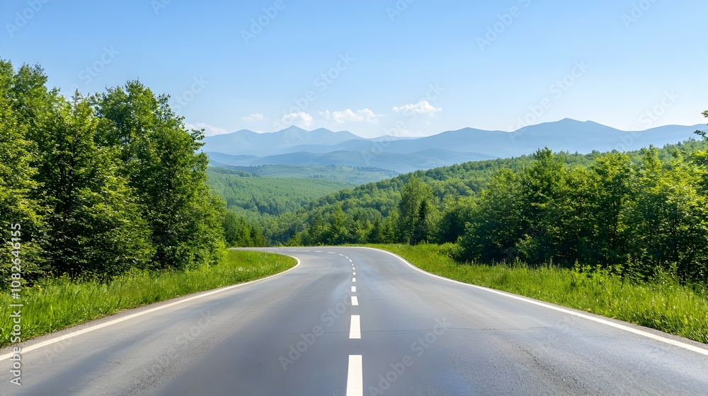 Serene Curving Road Through Forested Hills - Peaceful Holiday Trip with Sunlight Touching Treetops and Distant Mountain Views Serene Curving Road Through Forested Hills - Peaceful Holiday Trip with Sunlight Touching Treetops and Distant Mountain Views