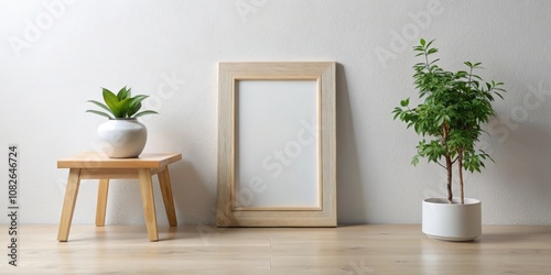 Small Vertical Wooden Frame Mockup in Scandi Style on a Neutral White Wall Background for Minimalist Home Decor Inspiration and Design Projects