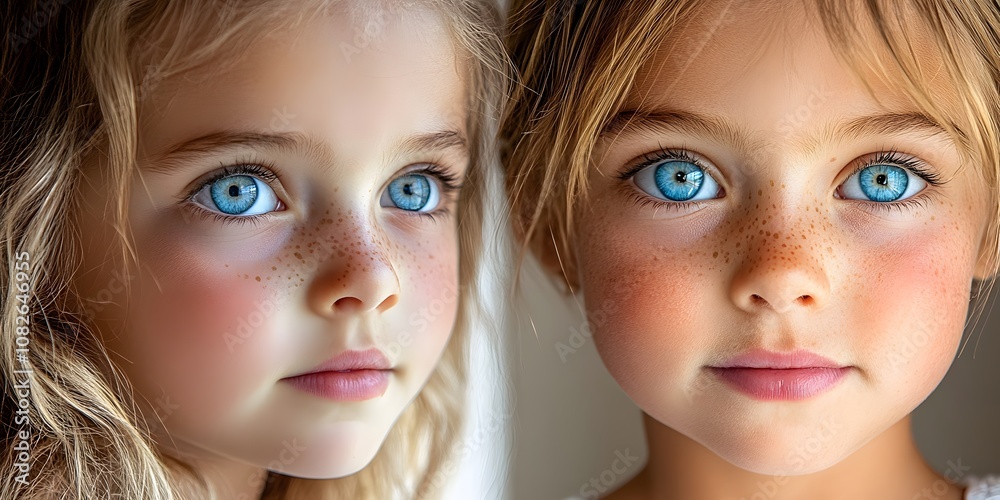 Fototapeta premium Two young girls with striking blue eyes and freckles, gazing thoughtfully.