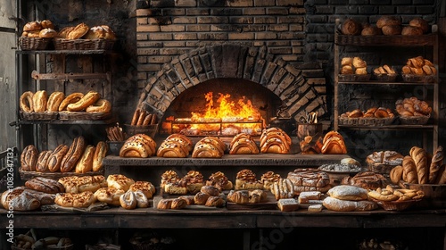 Vibrant Bakery Scene with Freshly Baked Pastries Bread and Glowing Brick Oven