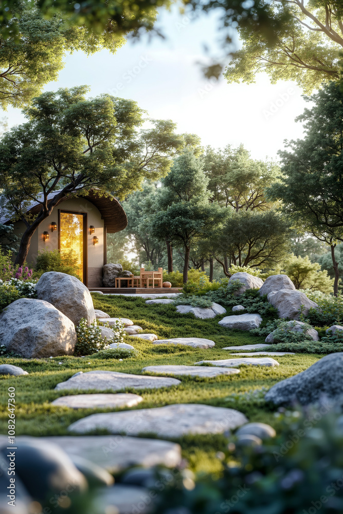 A small house in the middle of a lush green yard A small house in the middle of a lush green yard