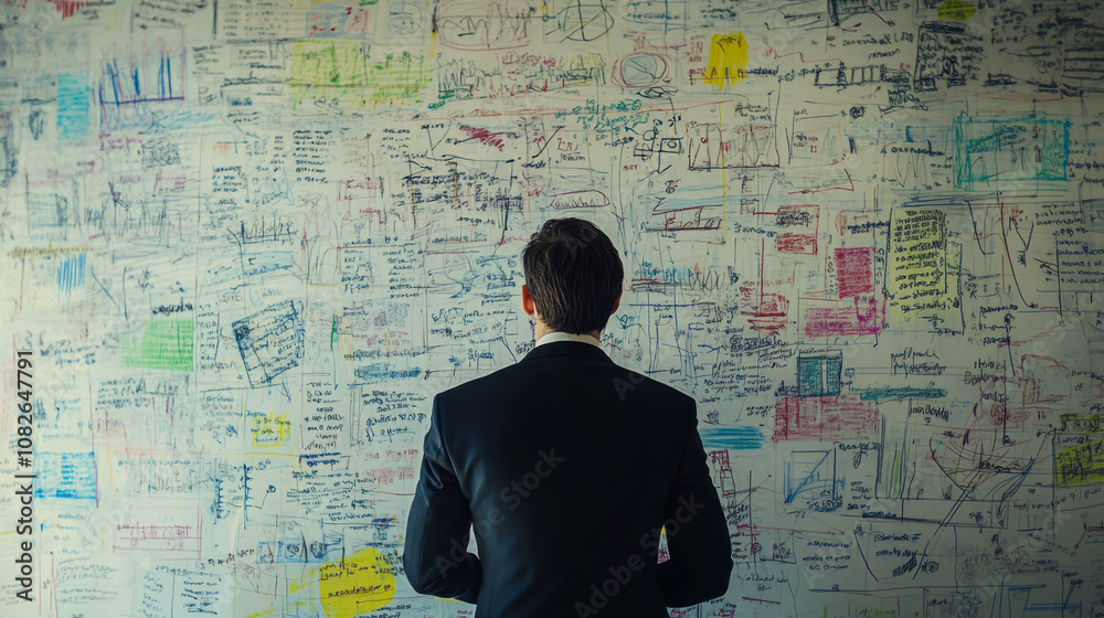A businessman studies a wall covered in complex diagrams and notes in an office space during the late afternoon A businessman studies a wall covered in complex diagrams and notes in an office space during the late afternoon