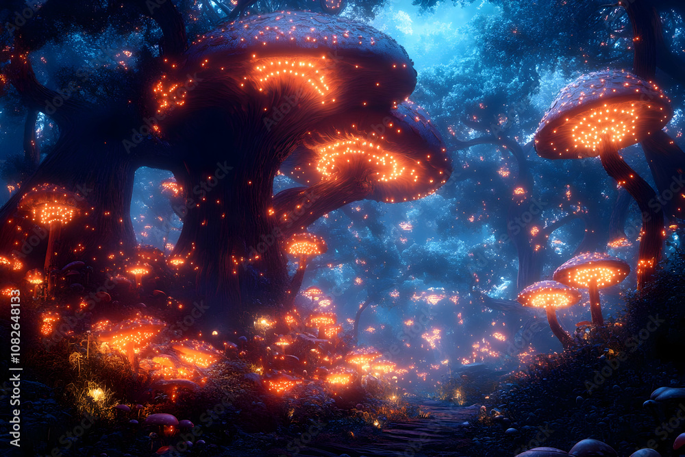 Obraz premium Illustration - Glowing Mushroom Forest Path Night Fantasy