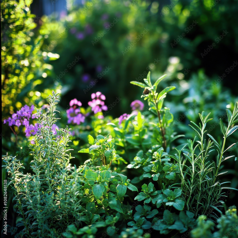 lush herb garden in early morning light, featuring vibrant green plants and colorful flowers, creates serene and refreshing atmosphere lush herb garden in early morning light, featuring vibrant green plants and colorful flowers, creates serene and refreshing atmosphere