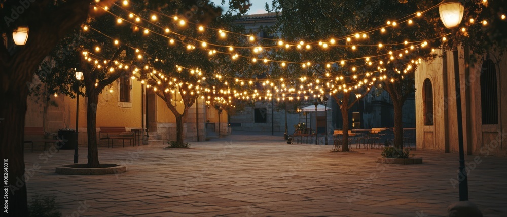 Fototapeta premium An empty courtyard adorned with strings of glowing lights invites tranquility and charm, evoking a sense of quiet beauty in the soft dusk.