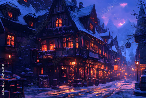 Illustration of Cozy Winter Village at Night