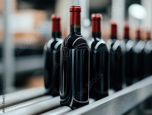 Rows of glass wine bottles on conveyor belt, modern bottling line, precision in packaging, streamlined winery photo