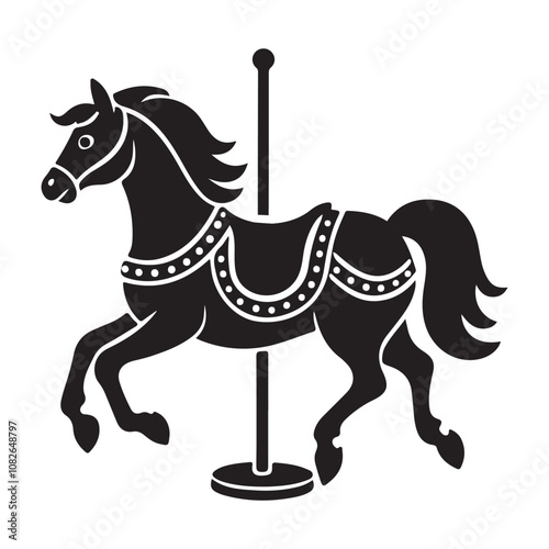  Carousel horse silhouette vector art black color design and solid white background 