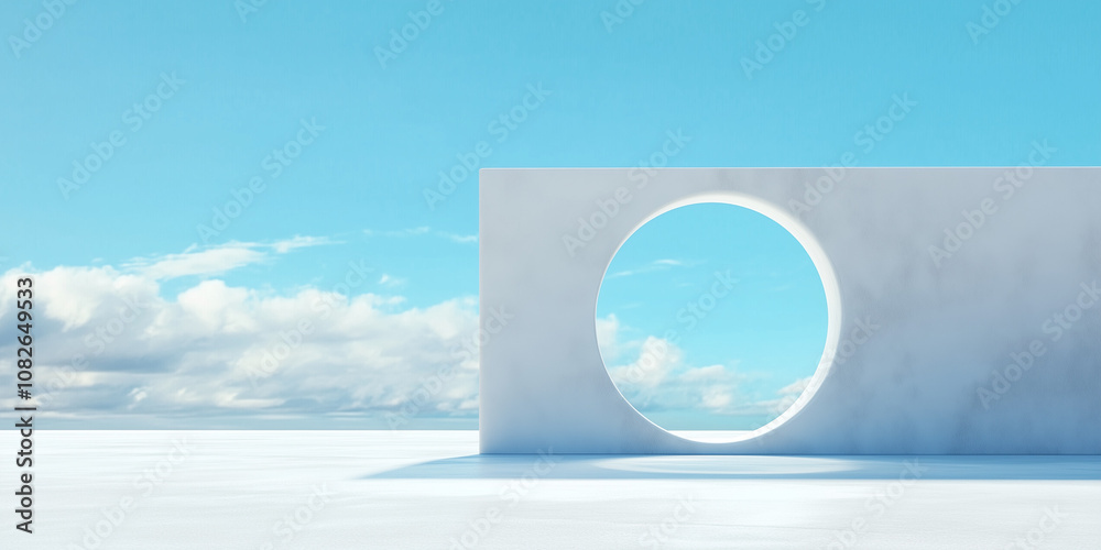Futuristic Portal in a Surreal Minimalist Landscape with Blue Sky, copy space. Futuristic Portal in a Surreal Minimalist Landscape with Blue Sky, copy space.