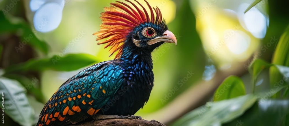 Colorful bird with red crest perched on branch. Colorful bird with red crest perched on branch.