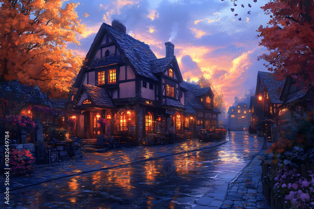 Fototapeta premium Illustration Cozy Autumn Town After Rain Sunset
