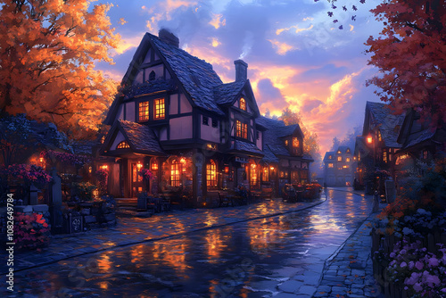 Illustration Cozy Autumn Town After Rain Sunset