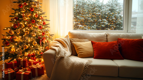 decorated christmas tree with red cushions in the nordic modern living room, interior design front view
