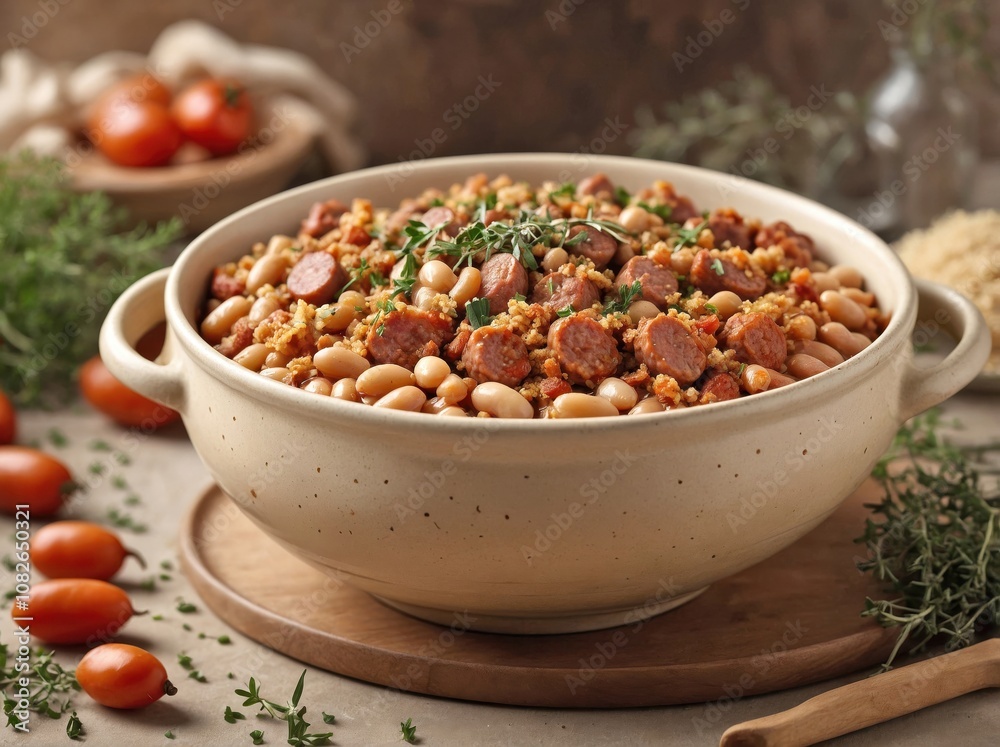 A rustic ceramic bowl filled with cassoulet A rustic ceramic bowl filled with cassoulet