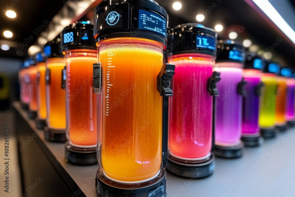 Cyberpunk-style admixing station with neon lights, digital readouts, and liquids blending in vibrant colors Cyberpunk-style admixing station with neon lights, digital readouts, and liquids blending in vibrant colors