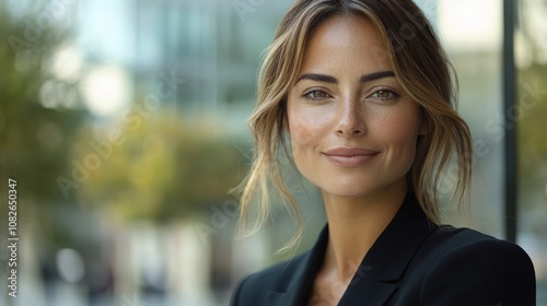 A confident woman in a professional setting, smiling warmly at the camera.