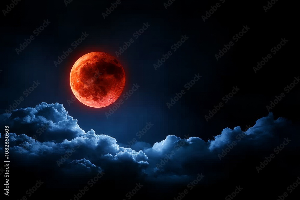 Fototapeta premium Dark night sky with a blood-red moon and thick, ominous clouds in a gothic landscape