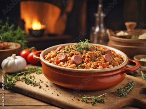 A single-serve portion of cassoulet in a small, rustic, ovenproof dish photo