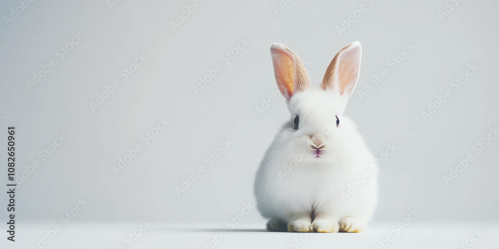 Fototapeta premium Adorable White Rabbit Sitting Against Minimalist Background