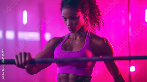 young woman doing exercise in fitness studio neon background.