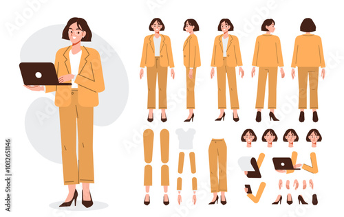 Business woman character constructor for animation. Front, side and back view set. Body parts, postures, poses collection. Vector illustration.
