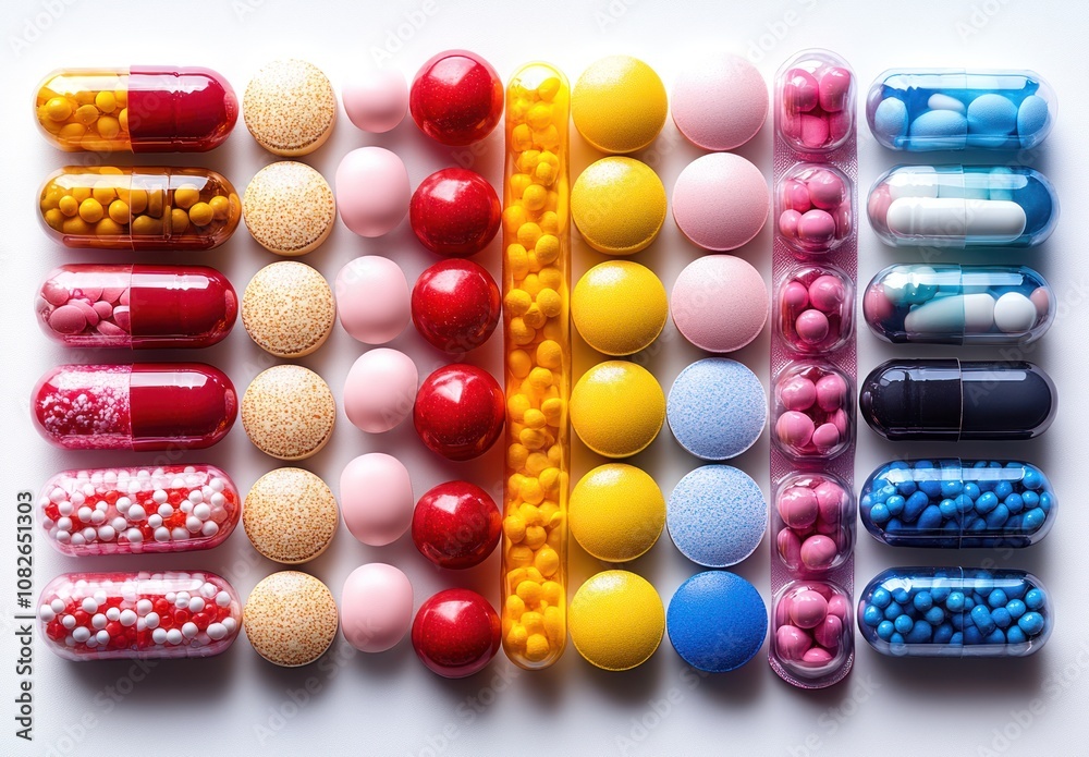 Colorful capsules and pills arranged in rows on a white background. Colorful capsules and pills arranged in rows on a white background.