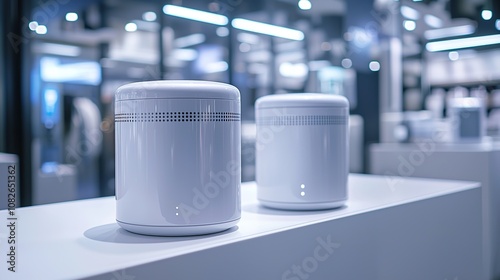 Close-up of modern wireless speakers on display in an elegantly designed store setting, showcasing sleek design and cutting-edge acoustic technology in a contemporary retail enviro photo