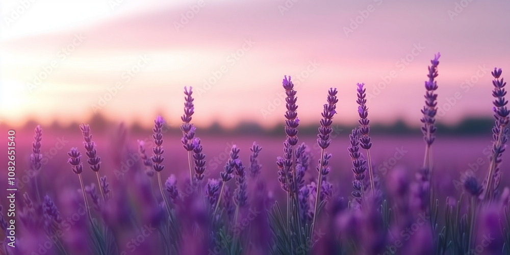 Fototapeta premium Serene Lavender Field Under Vibrant Sunset Sky