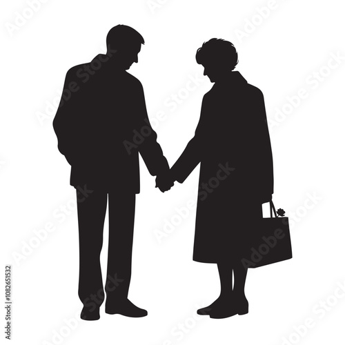 Elderly couple holding hands silhouette vector art black color design and solid white background 