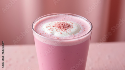 A frothy pink beverage with a dusting of powdered topping on top.