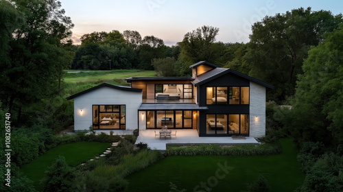 Modern two-story house with large windows and surrounding greenery at dusk, featuring an illuminated patio and contemporary architectural design