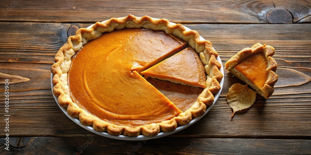 A warm and inviting pumpkin pie, freshly baked and sliced, ready to be enjoyed on a rustic wooden table with a golden leaf nearby. A warm and inviting pumpkin pie, freshly baked and sliced, ready to be enjoyed on a rustic wooden table with a golden leaf nearby.