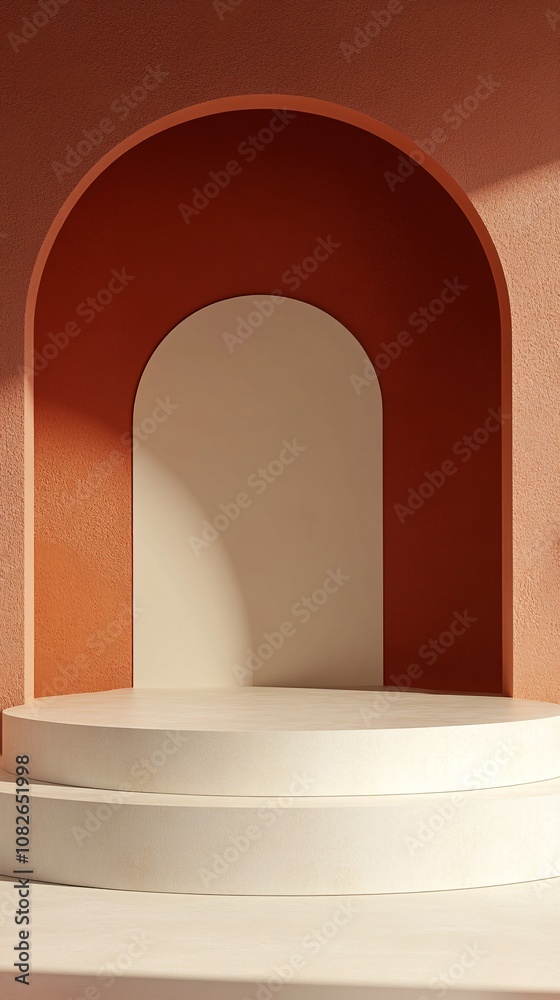 White round empty podium with arch for product presentation on orange wall with light and shadow White round empty podium with arch for product presentation on orange wall with light and shadow