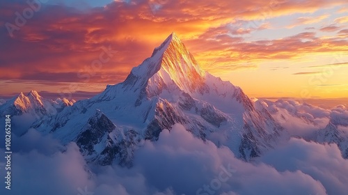 Majestic snow-capped mountain peak bathed in the warm glow of a colorful sunset with clouds below.