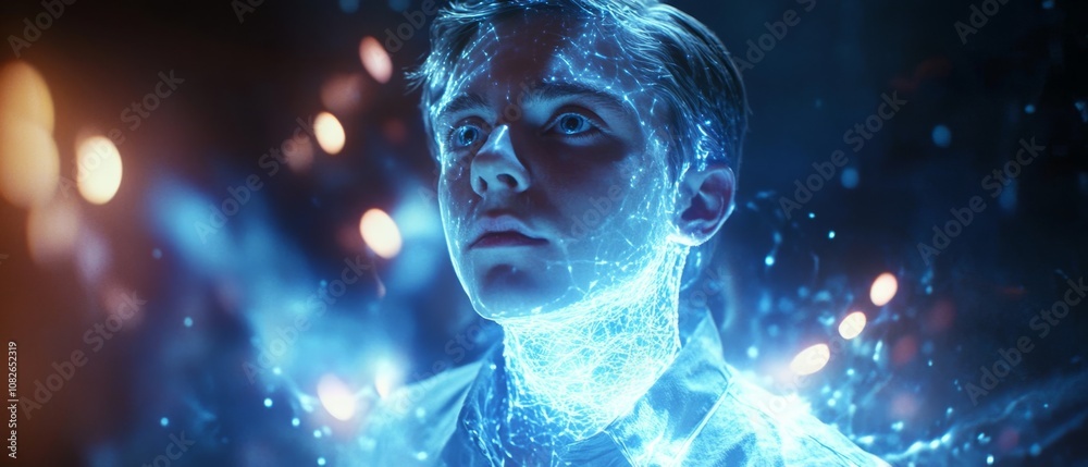 A young man surrounded by digital light glows, embodying futuristic technology and a sense of wonder. A young man surrounded by digital light glows, embodying futuristic technology and a sense of wonder.