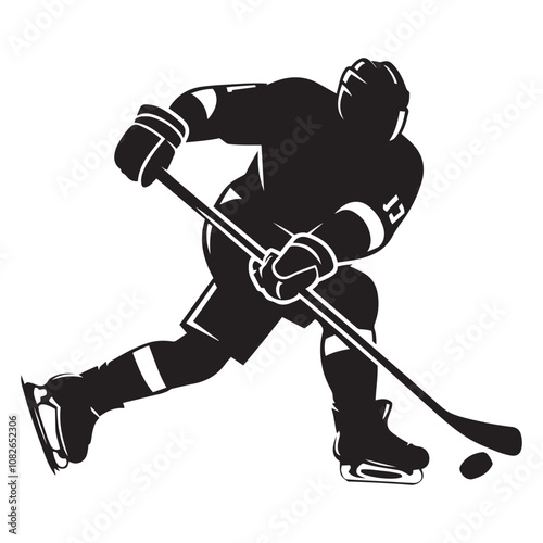 Hockey player in mid-strike silhouette vector art black color design and solid white background 