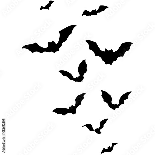 Flying bat silhouettes. Isolated black bats, swarm fly animals. A silhouette of bat, Halloween bat collection, halloween bat element. 