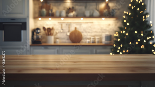 Empty wooden table in kitchen room of christmas tree with decoration background.