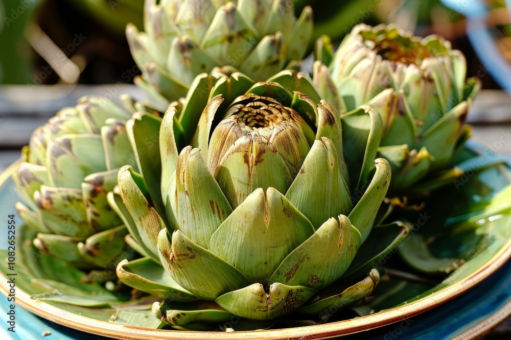 Freshly harvested artichokes, their leaves still vibrant and firm, arranged on a ceramic plate, capturing the essence of garden to table dining Freshly harvested artichokes, their leaves still vibrant and firm, arranged on a ceramic plate, capturing the essence of garden to table dining