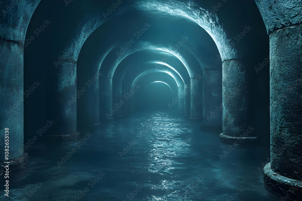 Obraz premium 3D Illustration Dark Watery Dungeon Arches Columns