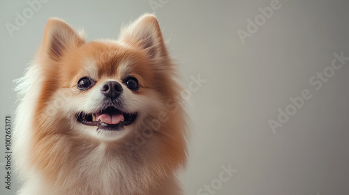 Portrait Pomeranian dog on gray background. Free space for text.